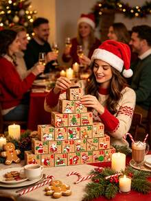 Hộp quà lịch Advent Giáng Sinh DIY, chất liệu giấy Kraft in hình ông già Noel & người tuyết, hộp đếm ngược xếp chồng được, hộp lưu trữ quà mini, trang trí bàn làm việc tại nhà dịp lễ, vật dụng đóng gói quà Giáng Sinh lý tưởng, trang trí lễ hội mùa đông - Nhiều màu - Xem 2