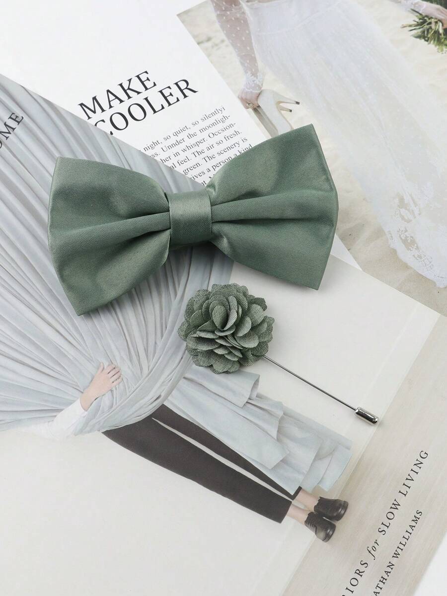 ZONFAZ Set de 2 piezas de corbata de moño y prendedor verde militar para hombre, adecuado para bodas, fiestas y ocasiones de reunión - Verde militar - Ver 1