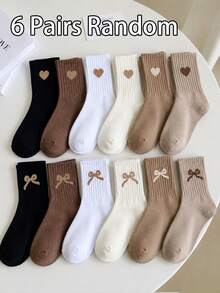 12/6 Pairs Kids Random Heart & Bow Solid Color Mid-Calf Socks In Maillard Tones - Multicolor - View 11