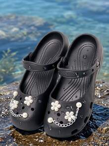Women's Black EVA Mary Jane Style Clogs, 2-Way Wear Slip-On Sandals With Pearl Flower Decor And Chain, Summer Casual Shoes - Black - View 4