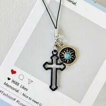 1pc Niche Design Gothic Cross Phone Chain Pendant, Minimalist Car Key Chain, Earphone Phone Charm Decorative Gift - Multicolor - View 2