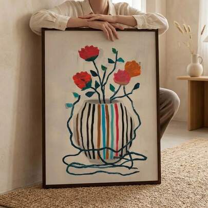 1 bức tranh treo tường canvas phong cách Boho họa tiết hoa cỏ bình hoa sọc vintage, phong cách Maximalist với dây leo lá và hoa dân gian, có khung/không khung, tranh cuộn trang trí kiểu Bohemian Farmhouse cho văn phòng, phòng khách, hành lang, trang trí nhà hiện đại