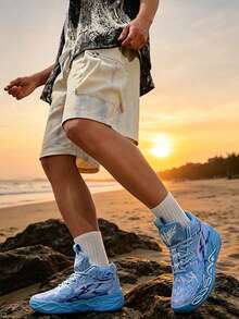 1 Pair White & Light Blue Camo Graffiti Basketball Running Shoes, Shock-Absorbing Soft & Bouncy, Durable Anti-Slip Sole, Breathable - Blue - View 4