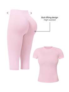 TimeOff Conjunto deportivo de mujer de un solo color sin costuras con cuello redondo, manga corta, cintura acanalada y pantalones de largo medio - Rosa - Ver 11