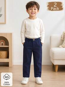 2pcs/Set Young Boys Casual Elastic Waist Pocket Long Pants, Button Decor, Pocket Knot, Faux Back Pocket Design, Solid Color Versatile Basic Style, Suitable For Daily, School, Party, Vacation Travel - Multicolor - View 3