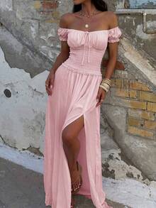 Women's Elegant Pink Off-Shoulder Short Sleeve Fitted Dress With Slit Design, Perfect For Formal Occasions Or Bridesmaid Dress - Pink - View 5