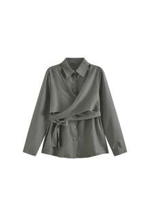 Vintage Style Cross Strap 2 In 1 Fashion Versatile Blouse - Dark Grey - View 2
