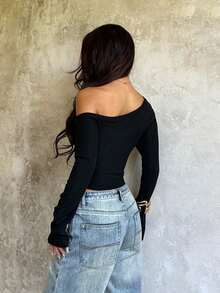 1pc Solid Color Knit Fabric Top, College Style, Autumn - Black - View 4