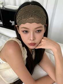 1pc Women's Mori Style Pastoral Olive Green Lace 15cm Wide Hollow Mesh Breathable Elastic Headband - Olive Green - View 3