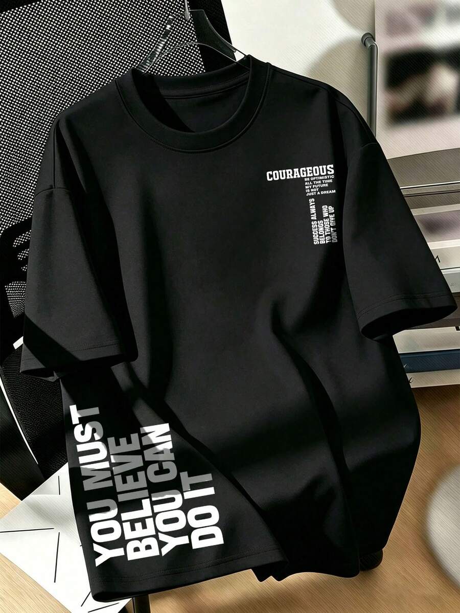 Men's Loose Drop Shoulder Short Sleeve Inspirational Vertical English Slogan Print American Minimalist Black T-Shirt - Black - View 1