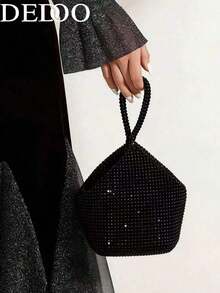 Dedoo 輕量商務休閒風水鑽裝飾抽繩設計迷你水桶包，透明仿珍珠晚宴包，優雅高貴精緻奢華水鑽派對女款新娘完美晚宴/宴會聖誕派對禮服水鑽包 - 黑色 - 查看 5