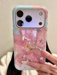美感可愛花卉亮面雷射手機殼，適用於 iPhone 17ProMax 17Pro 17 16ProMax 16Pro 16 15 14 13 Pro Max，時尚星星軟背殼禮物 - 藍粉紅百合 - 查看 1