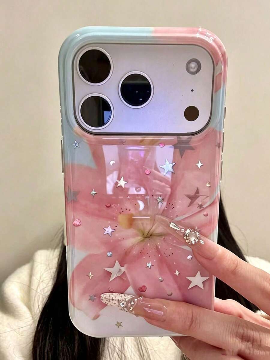 美感可愛花卉亮面雷射手機殼,適用於 iPhone 17ProMax 17Pro 17 16ProMax 16Pro 16 15 14 13 Pro Max,時尚星星軟背殼禮物 - 藍粉紅百合 - 查看 1
