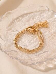 5pcs Minimalist Luxury Alloy Geometric Chain Layered Bracelets, Suitable For Women's Daily Commute, Dating, Vacation, Gift Wearing - Gold - View 3