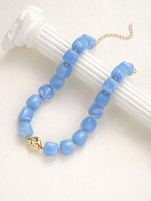 2/1pc Casual Bohemian Style Acrylic Beaded Fish Pendant Collarbone Necklace Set, Geometric Pattern Round Necklace For Women, Daily Wear, Date, Party, Summer Beach Vacation, Perfect Birthday Gift For Best Friend (Random Beaded Quantity + Slight Color Difference) - Blue - View 6