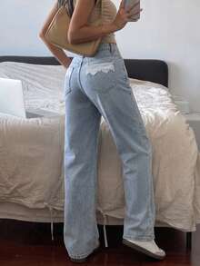 Women's Casual Loose Straight Leg Jeans With Button And Lace Pocket Details, Elegant Non-Stretch Long Straight Pants, Y2K Style - Light Wash - View 2