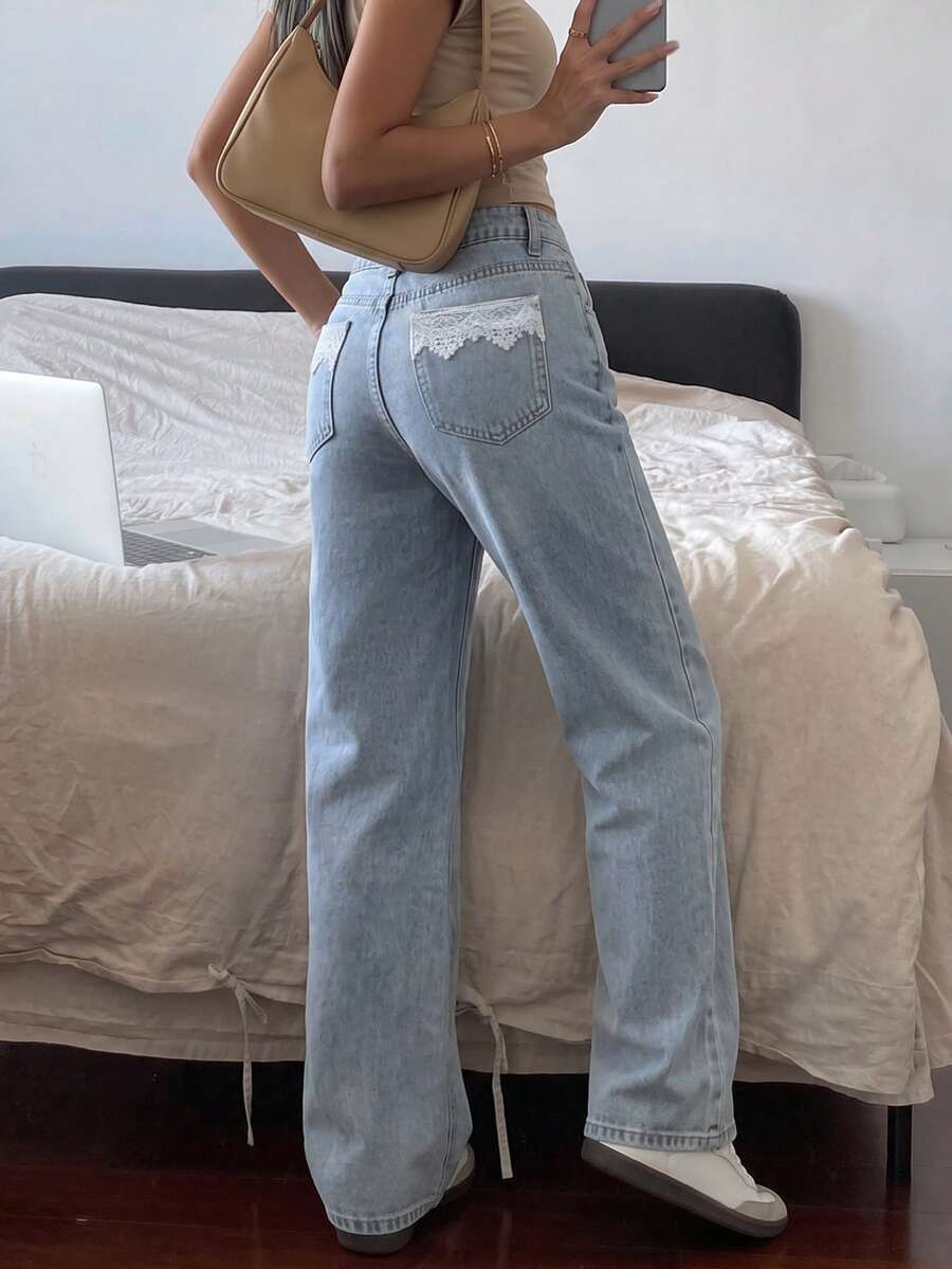 Women's Casual Loose Straight Leg Jeans With Button And Lace Pocket Details, Elegant Non-Stretch Long Straight Pants, Y2K Style