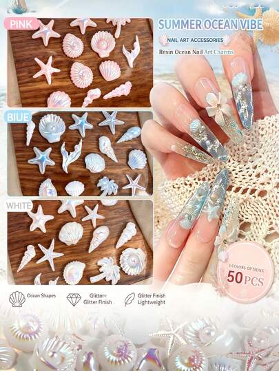 50pcs Ocean Series Nail Art Decoration Set, 3D Shell & Starfish Nail Decor, AB Holographic Finish, DIY Nail Accessories, Suitable For Nail Salon And Home Use