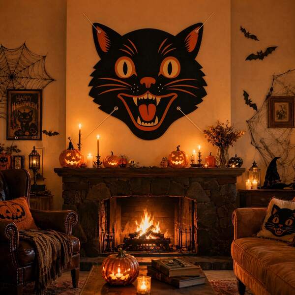 1pc Vintage Black Cat Halloween Door Banner With Hanging Rope, Retro Spooky Cat Face Wall Hanging Background, Party Supplies, Wall Decor, Room Decor, Outdoor Decor, Classic Halloween Themed Front Door Home Wall Decoration
