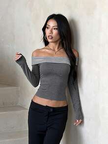 1pc Solid Color Knit Fabric Top, Vacation College Style, Autumn - Grey - View 4