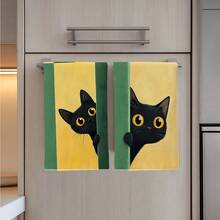 2PCS Cute Peeking Cat Pattern Printed Kitchen Towels 40*60cm Simple Style Rectangular Microfiber Kitchen Towels, Dish Cloths, Tablecloths, Hand Towels, Kitchen Decor, Housewarming Gifts For Neighbors, Perfect For Kitchen And Bathroom Use, Suitable For Housewives And Family Gatherings, High Cost-Performance, Essential Household Item - Green - View 7