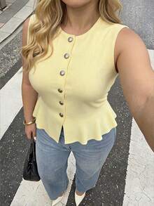 Dripcurv Plus Size Yellow Sleeveless Knitted Vest Top, Cooling For Summer,Business Casual Woman Women Button Down Knit Top,Back To School - Yellow - View 1