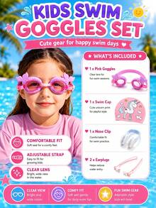 Children's Swimming Goggles Set (Nose Clip + Storage Bag + Swim Cap + Goggles) Unisex Swimming Eyewear, Waterproof Anti-Fog, Back, First Day Of School - Mauve Purple - View 1