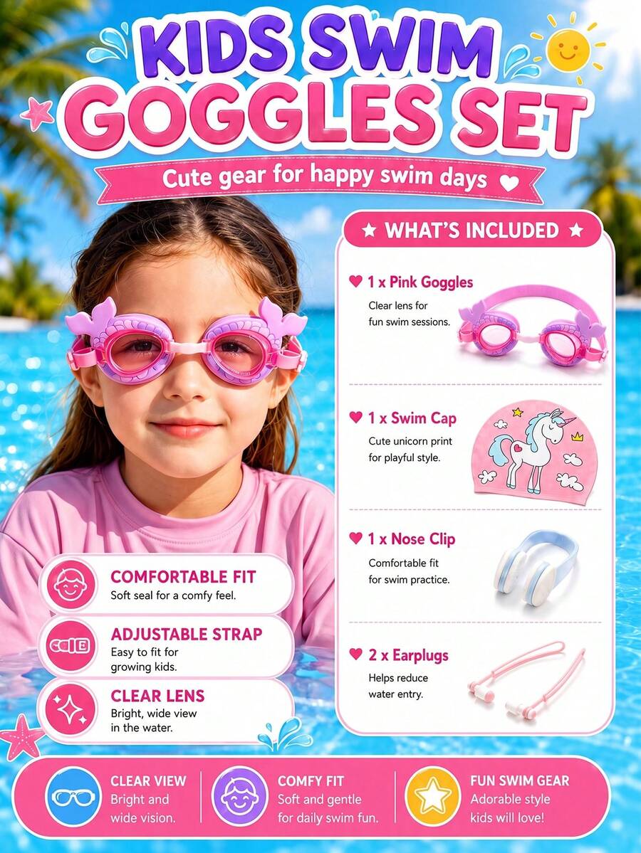 Children's Swimming Goggles Set (Nose Clip + Storage Bag + Swim Cap + Goggles) Unisex Swimming Eyewear, Waterproof Anti-Fog, Back, First Day Of School - Mauve Purple - View 1
