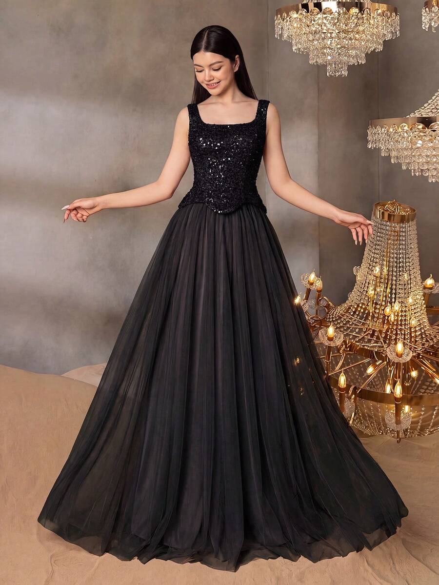 ALISA&LEO Stunning Wide Strap Sequin Tulle Maxi Dress With Fan-Shaped Hem, Suitable For Teen GirlPerfect For Prom Night And Formal Evening Events - Black - View 1