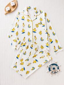 Women's 2-Piece Satin Pajama Set, Cute Cartoon Duck Print, Lapel Long Sleeve Top And Elastic Waist Pants, Soft And Silky Loungewear - Yellow - View 1