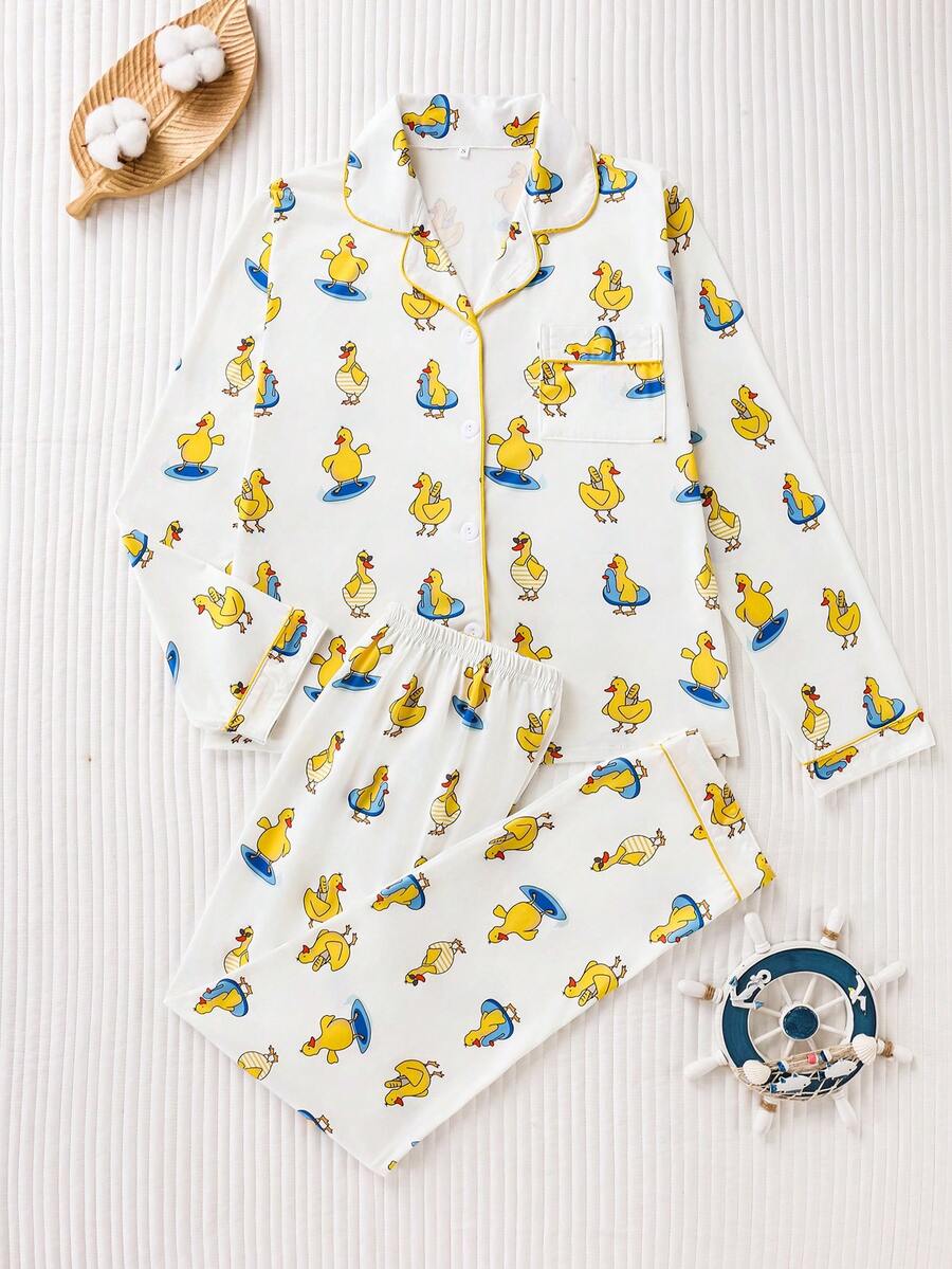 Women's 2-Piece Satin Pajama Set, Cute Cartoon Duck Print, Lapel Long Sleeve Top And Elastic Waist Pants, Soft And Silky Loungewear - Yellow - View 1