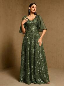 XUCTHHC Elegant Party High-Quality Sequin V-Neck Ruffle Sleeve A-Line Formal Ball Gown, Evening Dress, Wedding Guest, Graduation, Holiday, Autumn/Winter - Olive Green - View 10