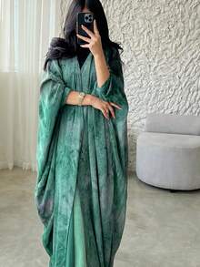 1pc Elegant Casual Tie Dye Print Abaya Cardigan Long Robe Shawl, Suitable For Daily Wear And Gatherings Spring Fall - Green - View 1