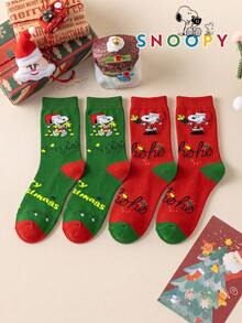 1/2 Pairs Snoopy Socks Men's Autumn/Winter Red & Green Christmas Mid-Calf Sports Socks, Cute Cartoon Pattern Unique Snoopy Halloween Socks - Multicolor - View 8