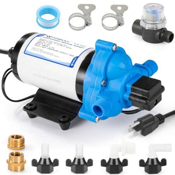 Anbull Bomba de transferencia de agua 110V 4.0GPM/45PSI Bomba autocebante, bomba de presión de diafragma de agua industrial con adaptadores de manguera de jardín de 3/4" para transferencia de líquido