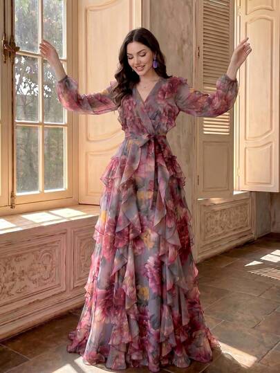 Women's Elegant Romantic Floral Print Long Sleeve Layered Ruffle Patchwork Design Luxurious Swing Dress, Elegant Sequin Patchwork Ruffle Hem Vacation