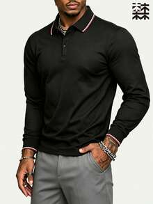 Mulinsen Men's Contrast Color Webbing Collar Long Sleeve Polo Shirt, Black Smooth Skin-Friendly Fabric, Red And White Double Line Trim On Collar And Cuffs, Minimalist Commuter Style, Versatile Long Sleeve Top - Black - View 3