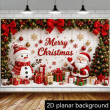 1pc Christmas Themed Banner Backdrop With Snowman And Santa Claus Pattern, Decorated With Christmas Tree, Gift Box, Red Bow And Snowflake, Suitable For Christmas Party Decoration, Party Decoration, Holiday Party Decoration - A - View 7