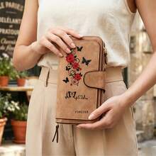 Rose & Butterfly Embroidered Women's Long Wallet Pink Faux Suede Clutch Purse With Wristlet Strap Zipper Card Holder Romantic Gift, Small Wallet - Multicolor - View 1