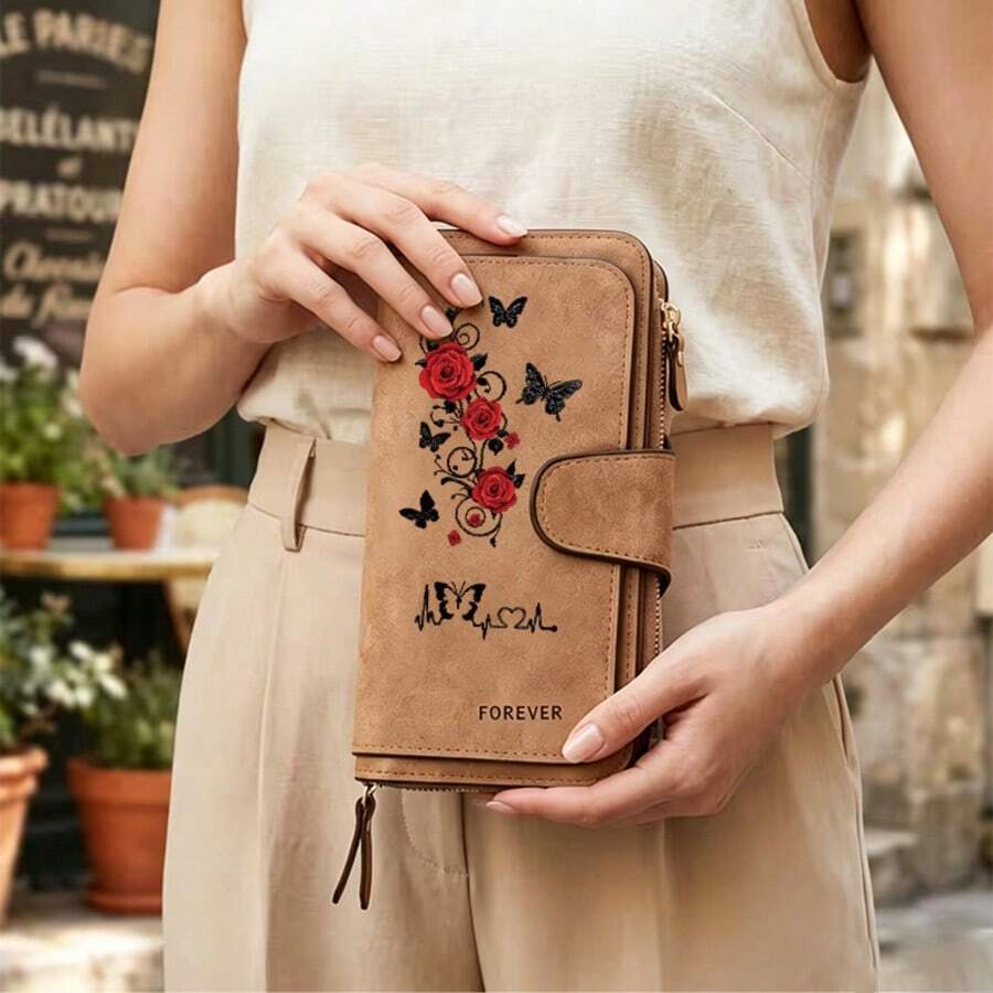 Rose & Butterfly Embroidered Women's Long Wallet Pink Faux Suede Clutch Purse With Wristlet Strap Zipper Card Holder Romantic Gift, Small Wallet - Multicolor - View 1