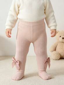 1pc Baby Girls' Bow Decor Basic Leggings, Cute & Comfortable For Outdoor Activities, All Seasons - Dusty Pink - View 5