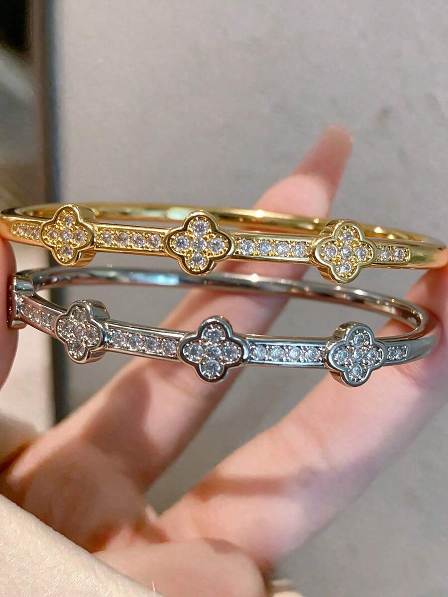 1pc 18K Gold Plated Copper Four-Leaf Clover Encrusted With Cubic Zirconia Bracelet, Suitable For Daily Wear And Holiday Gifts - Multicolor - View 1