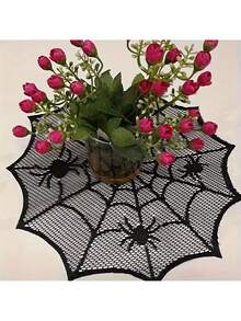 1pc Halloween Black Lace Spider Web Round Placemat, Polyester Knitted Waterproof Table Mat, Perfect For Spider Theme Western Dining, Heat-Resistant Non-Slip Table Mat, Restaurant Kitchen Home Dining Table Decor, Halloween Ghost Party Gathering Dinner Table Arrangement, Fireplace Decor, Holiday Photography Props, Holiday Gift - Multi-color - View 2