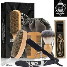 Kit de Cuidados com a Barba de 10 Peças para Homens, Navalha Reta, Escova de Cerdas, Pente de Madeira & Bolsa de Viagem, Presente Estilo Barbeiro - Pente para barba + escova para barba - Visão 13