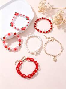 6pcs Girls Strawberry Pearl Beaded Butterfly Heart Bracelet Set - A - View 3