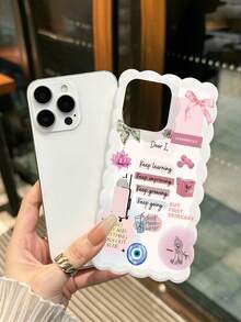 1pc Positive Energy English Quote Life Illustration Collage Pattern Flexible TPU Anti-Fingerprint Soft Material Cream Wavy Edge Full Coverage Phone Case With Transparent Flower Beaded Lanyard, Compatible With All Apple Phone Models, Artistic Daily Versatile Niche Style - Multicolor - View 3