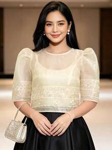 Modern Philippine Style Women's Top, Summer Fashion Comfortable Puff Sleeve Short Sleeve Blouse - Champagne - View 1