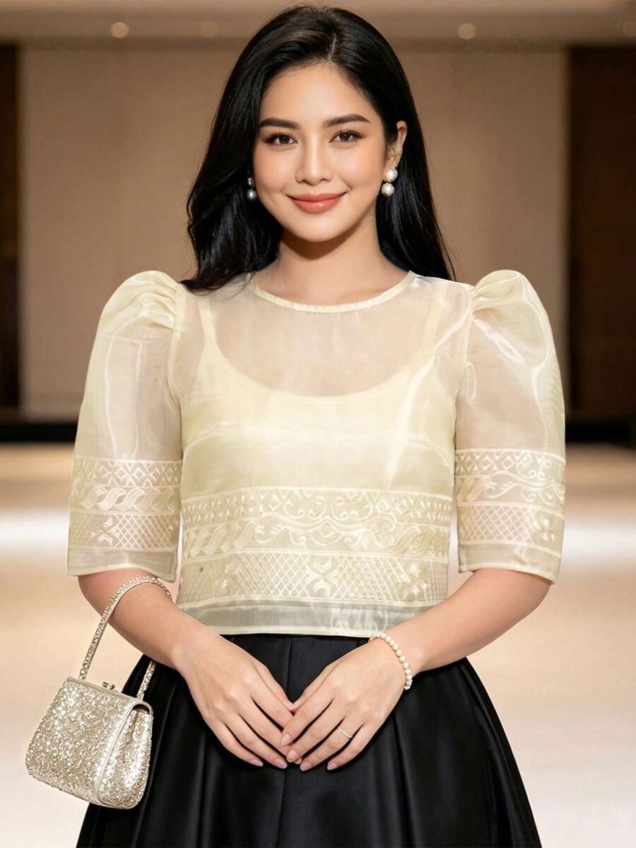 Modern Philippine Style Women's Top, Summer Fashion Comfortable Puff Sleeve Short Sleeve Blouse - Champagne - View 1