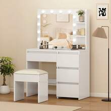 Yitahome White Vanity Desk With 12-LED Mirror & Stool, Makeup Table With Drawers And Open Shelves, Dimmable Dressing Table For Bedroom - White - View 1