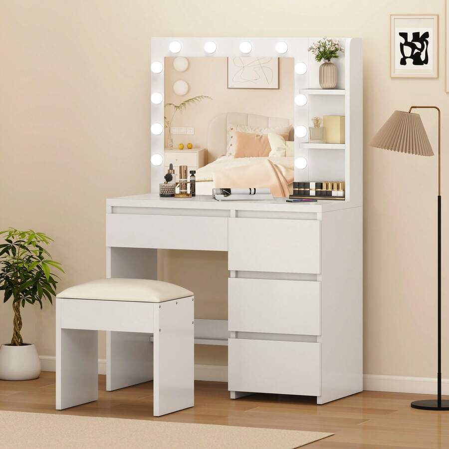 Yitahome White Vanity Desk With 12-LED Mirror & Stool, Makeup Table With Drawers And Open Shelves, Dimmable Dressing Table For Bedroom - White - View 1